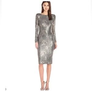 Dress for population gray metallic lace print jersey dress size m mob cocktail